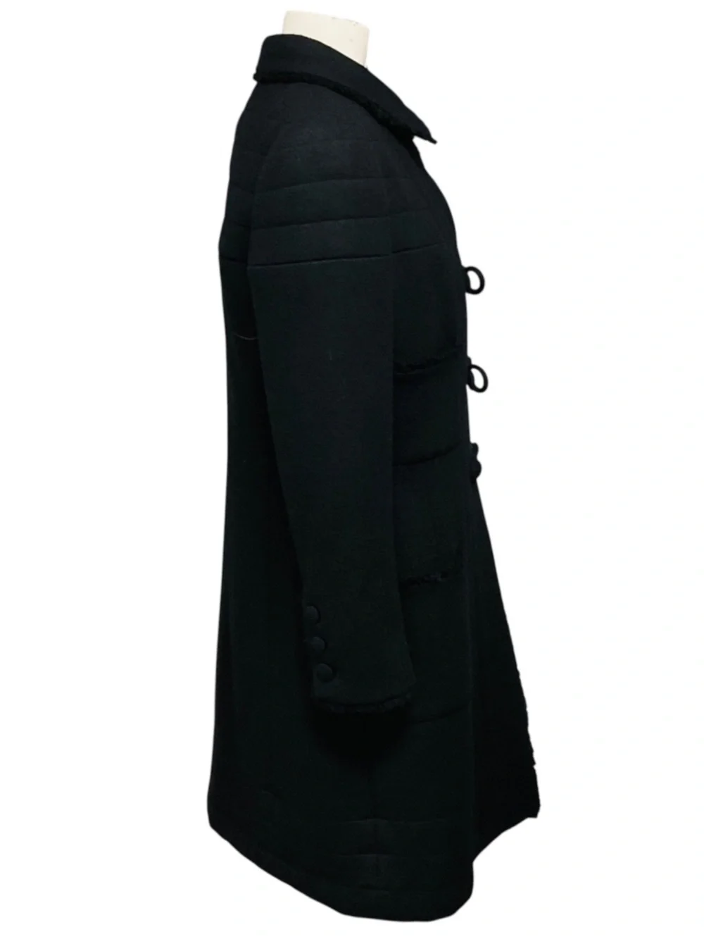 CHANEL BLACK VINTAGE 2006 SILK LINED MID LENGTH WOOL COAT WITH FRINGED TRIM